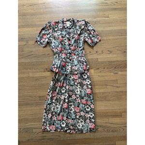 Vintage John Richard Floral Peplum Dress Black Pink Blue Button Front Floral